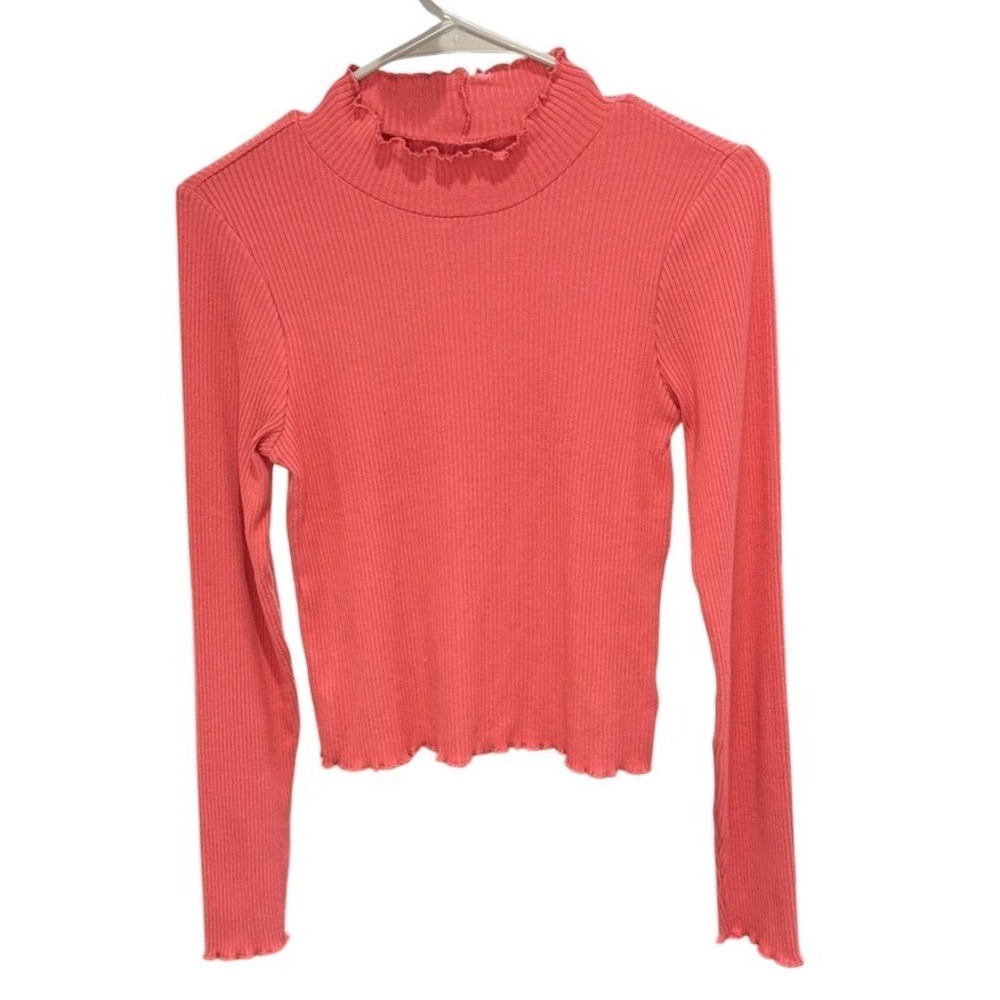 American Eagle Coral Pink Ribbed Mock Neck Lettuce Edge Long Sleeve Top Small